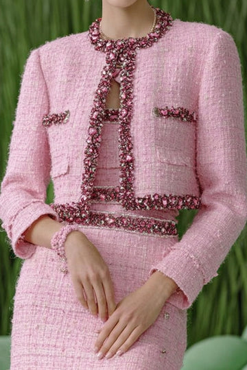 2-Piece Pink Tweed Tea Party Dress with Beading